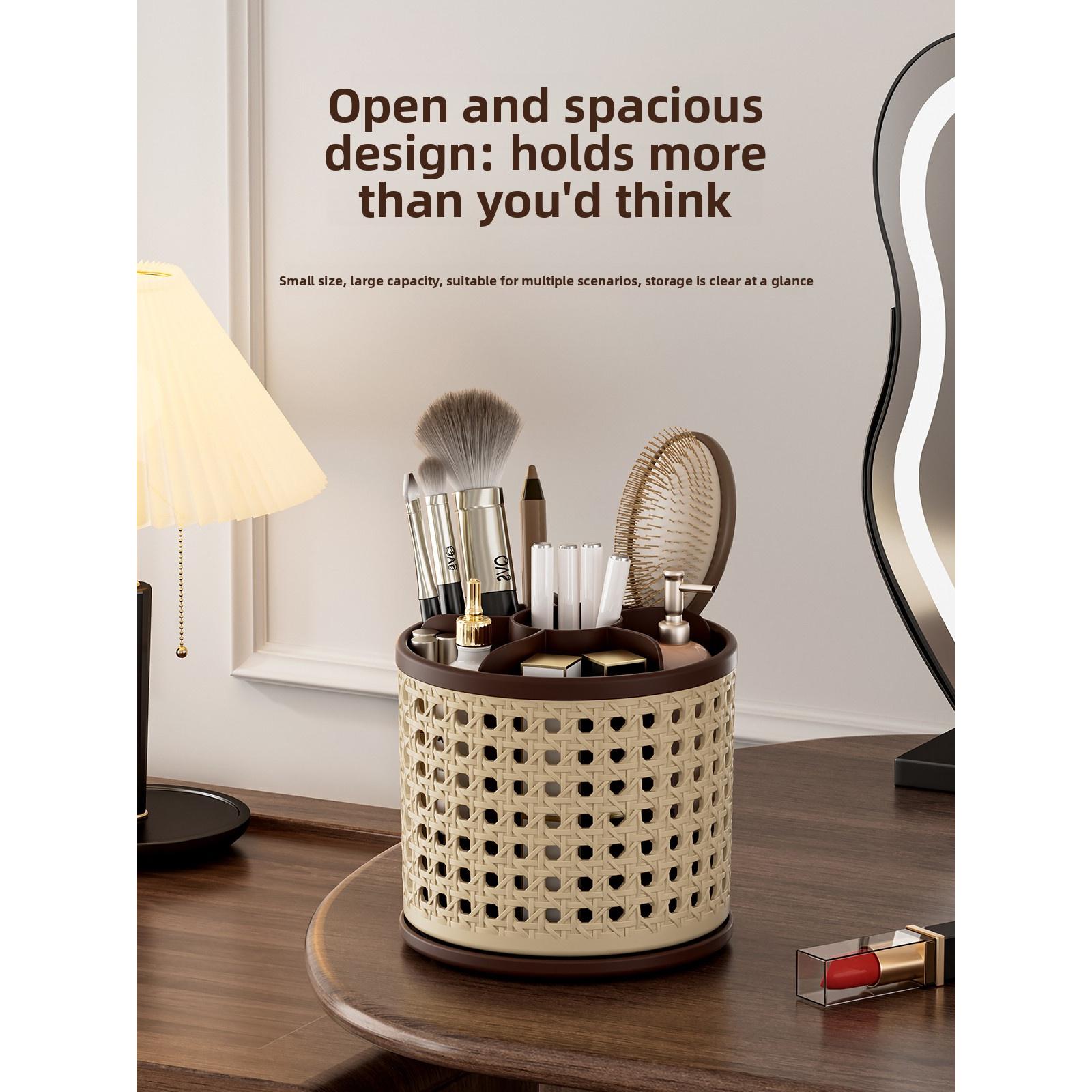 360° Rotating Pen Holder, Spacious Desktop Organizer for Students, Makeup Brush Storage Box, Independent Compartments, Vintage Style Design