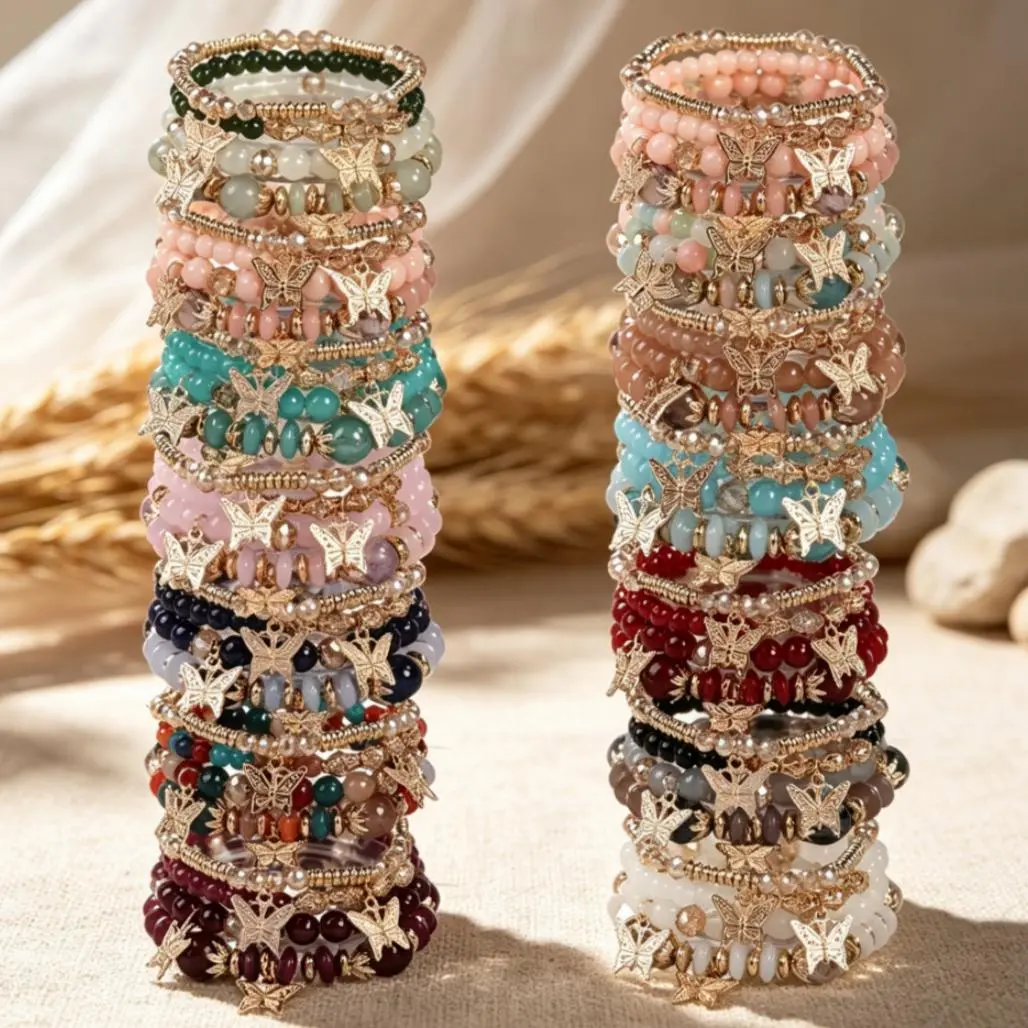 Women's 8pcs(2card)/12pcs(3card)/16pcs(4card)/20pcs(5card)/24pcs(6card) Multi-Layer Glass Beaded Stacking Bracelet Sets, Butterfly Charm Decor, Cute Accessories, Boho Chic Bracelets & Bangles, Casual Daily Wear, Ideal Anniversary Jewelry