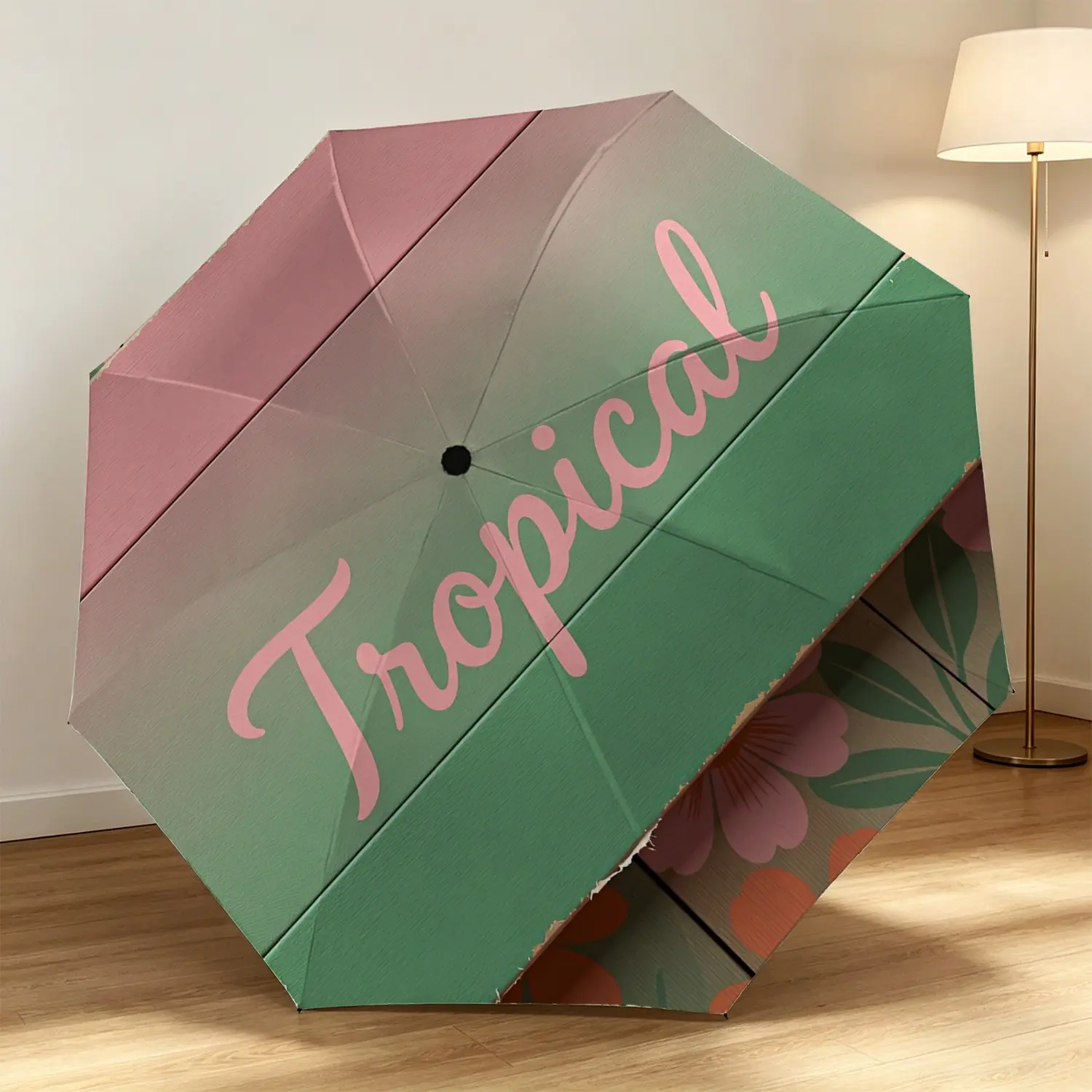 Vintage Wood Grain Tropical Design Automatic Folding Umbrella, 8-Rib Glass Fiber Frame, Plastic Handle, Windproof, Halloween & Christmas Gift