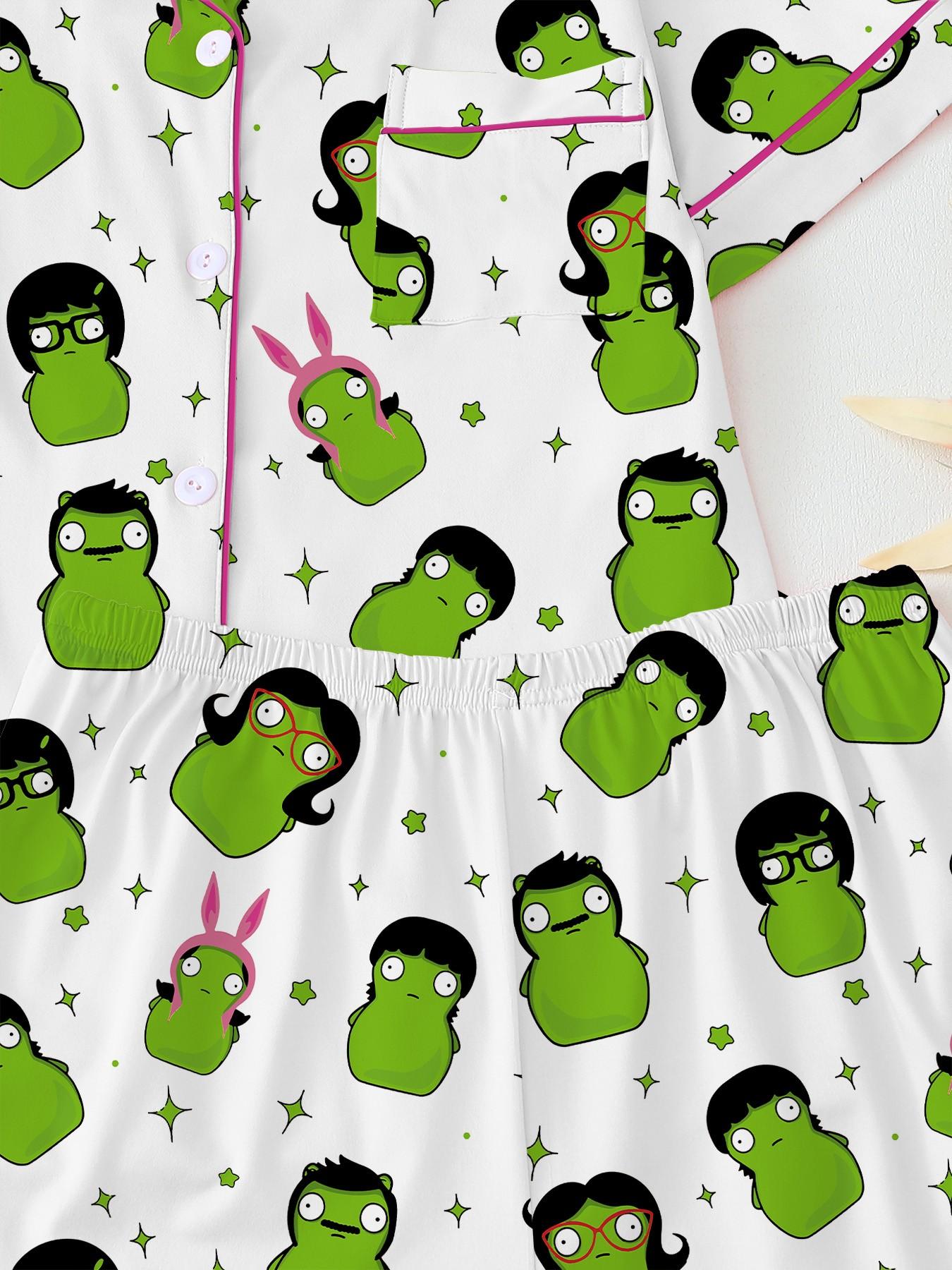 Adorable Cartoon Alien Print Women's Pajama Set Loungewear Pajamas, Comfortable Wear-Home Two-Piece, Short Sleeve Button-Up Top & Elastic Shorts, Casual Homewear Loungewear Nightwear Pjs Pyjamas Gift