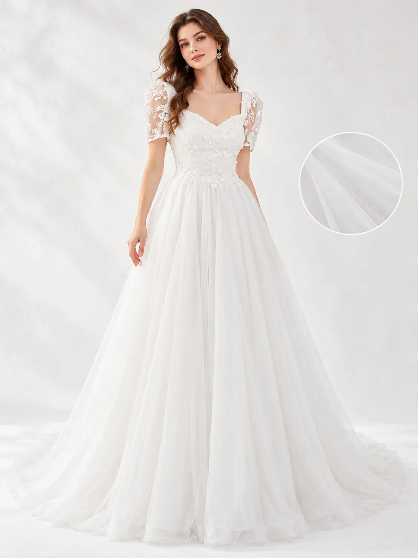 3D Floral Lace Tulle Wedding Dress for Women Puff Short Sleeve Sweetheart V Neck Lace Up Back A Line Bridal Gown with Sweep Train for Wedding Ceremony Back Tie, a Line Train, Formal Evening Gown, Perfect for Weddings, Reunions, Cocktail Parties
