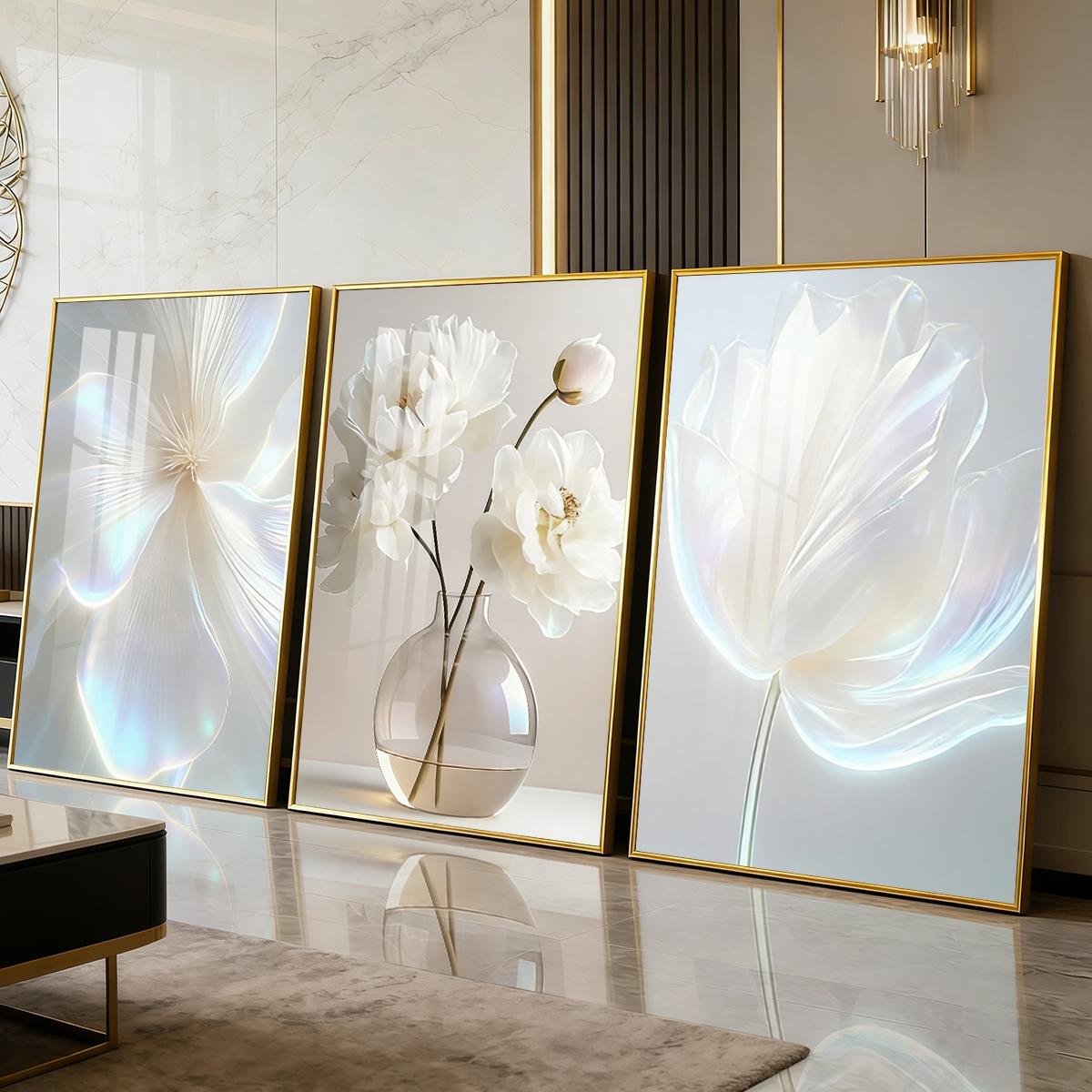 3 Counts Aluminum Alloy Framed Painting, White Floral Vase Artwork, Home Decoration For Living Room, Bedroom, Office, Restaurant, Hallway Wall Decor, Odorless Print Artwork, Luxury Perfect Gift For Friends And Family