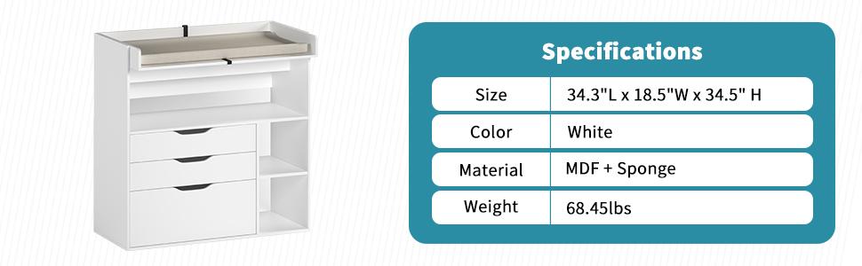 Linor Baby Changing Table Dresser with 3 Drawers and 3 Storage Shelves, Can be Used as a Baby Dresser with Changing Table Top, a Baby Changing Station, a Wood Diaper Changing Station (White) Newborn Nursery