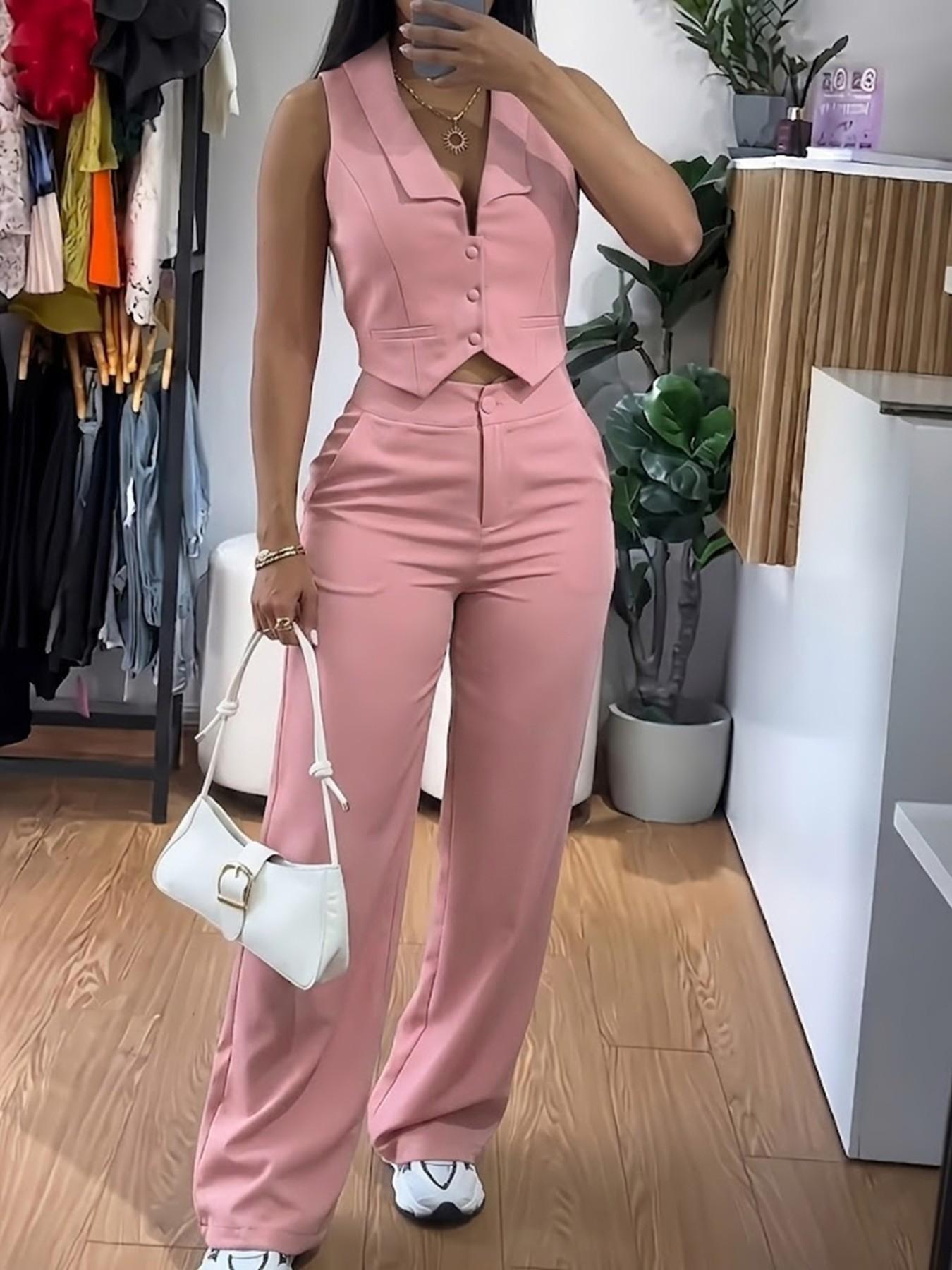 Women's Two-Piece Set, Sleeveless Waist-Cropped Vest and Wide-Leg Pants, Casual Loose-Fit Solid Pattern, All-Season Outer Vest