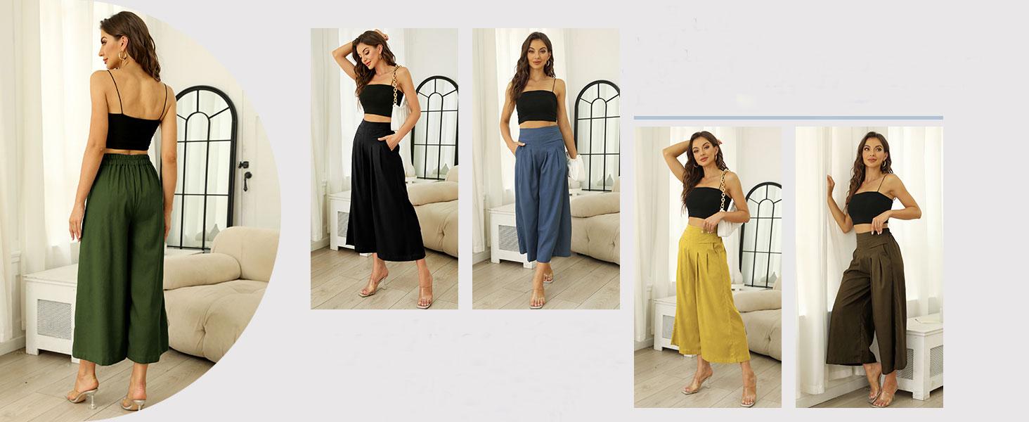 Tanming Women's Cotton Linen Culottes Pants Elastic Waist Wide Leg Palazzo Trousers Capri Pants with Pockets Tanming Women's Cotton Linen Culottes Pants Elastic Waist Wide Leg Palazzo Trousers Capri Pants with Pockets