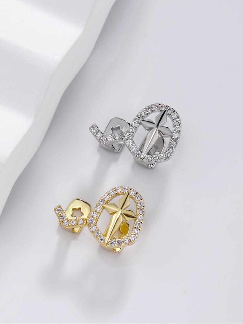 CRUSH CR 1pc 18K Gold Plated Copper Cross Star Grillz with CZ Stones, Silver & Gold Finish – Elegant Hip-Hop Tooth Jewelry Tooth Gems for Female, Black Women, Girls, Men & Boys. Perfect for Parties, Halloween, Cosplay & Gifts! Trendy Bling Accessory