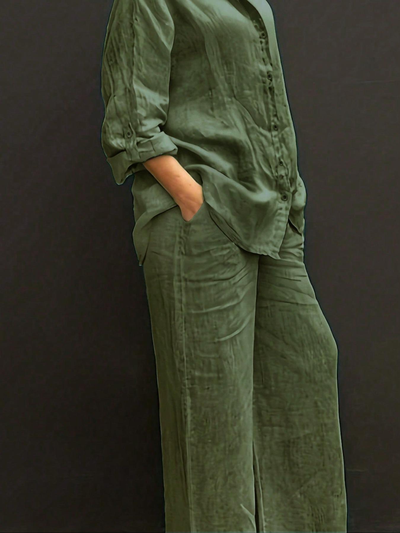 Spring Summer Fall Polo Neck Casual Cardigan Set, Slimming Pure Color Elegant Shirt Top, Vacation Commute Comfort Soft Fabric Pants Two-Piece Suit