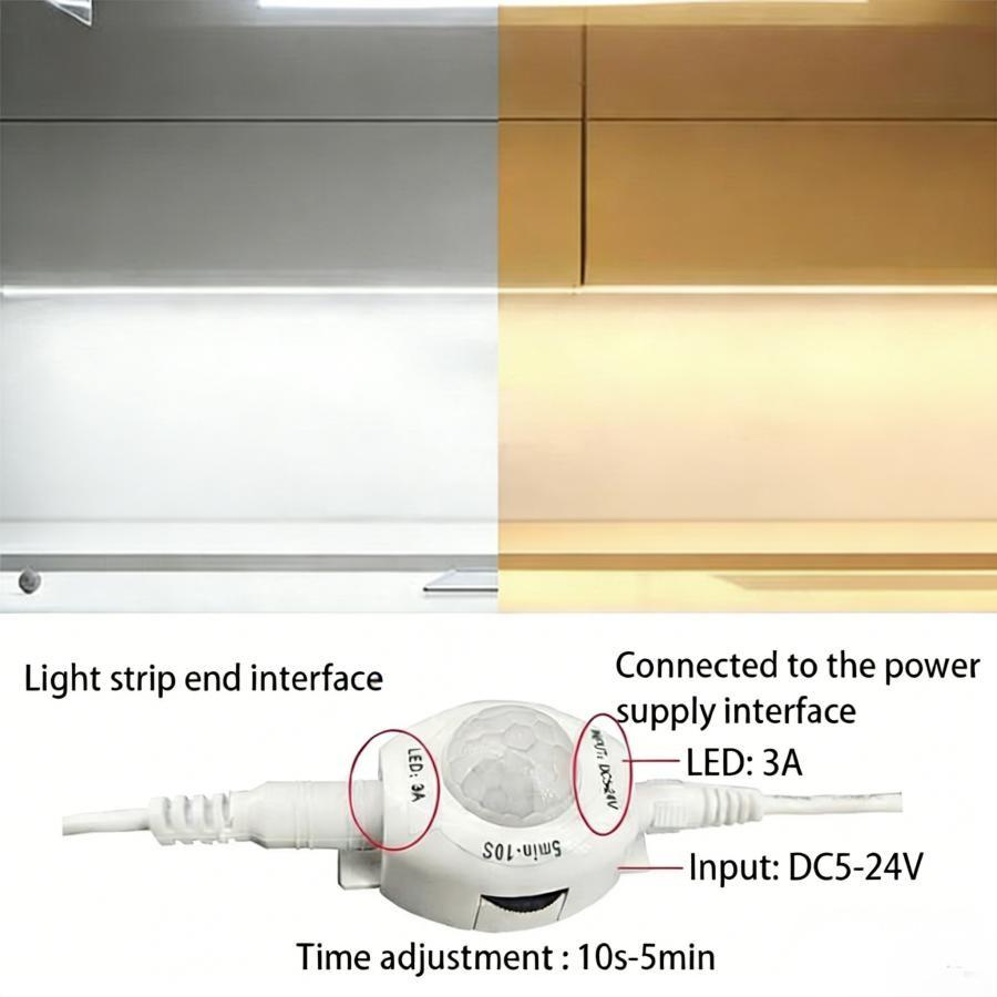 This 5V LED light strip features motion sensing capabilities, is USB powered, and is available in white and warm colors. It can be used in various settings such as bedrooms, kitchens, and cabinets.