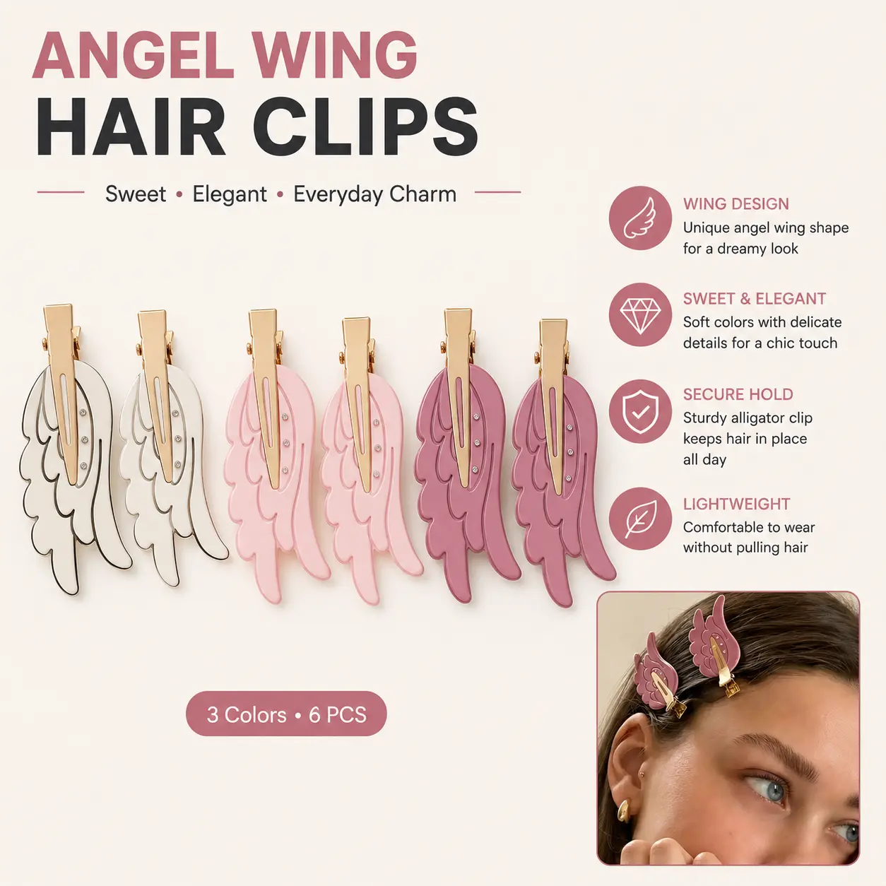 2pc Cute Angel Wings Hair Clips, Decorative Hair Clips, Sweet Acetate Flat Hair Clips, Invisible Duckbill Clips, Women and Girls' Sweet Hair Accessories, Cute Hair Clip Set, Flat Clips for Hair, Little Girl Hair Clips-YY0
