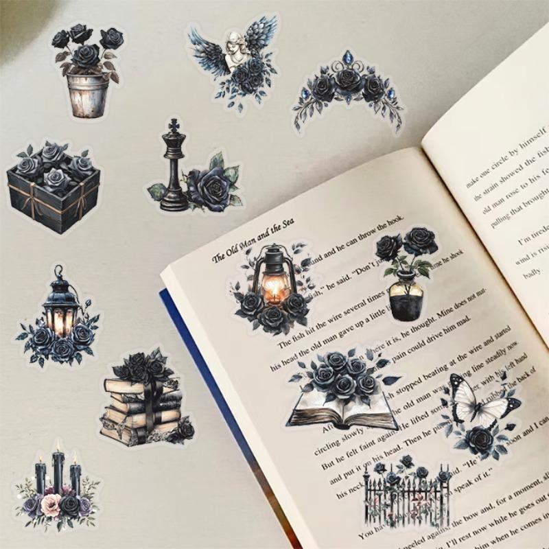 50 Pcs Gothic Dark Rose Transparent Stickers, Reusable Pet Decorative Labels, DIY Water Bottle, Notebook, Luggage, Phone Case, Tablet