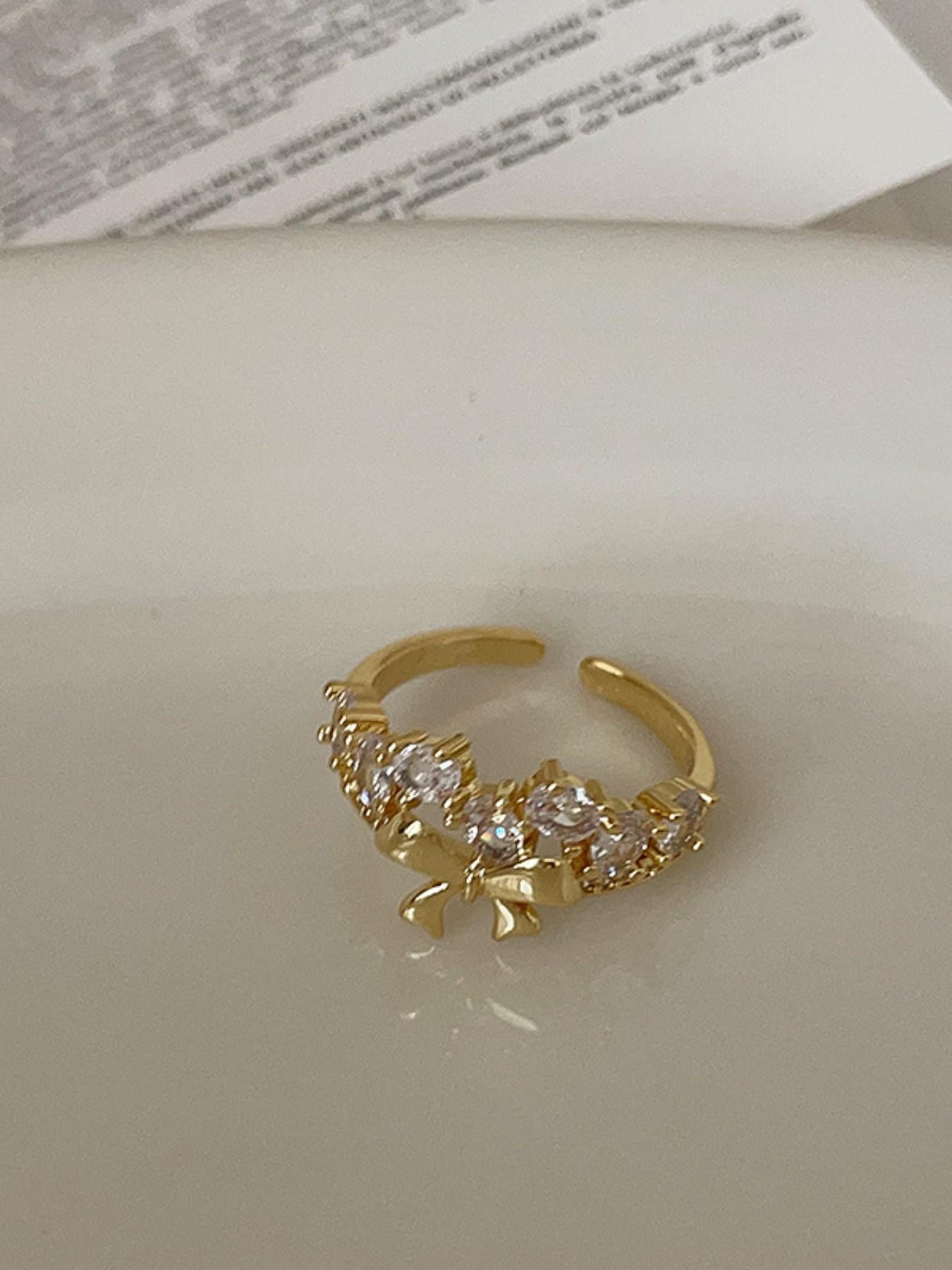 Sweet Trendy Copper Zircon Bow Open Ring, Simple Fashion Women's Elegance Daily Commute Versatile Party Vacation Ring