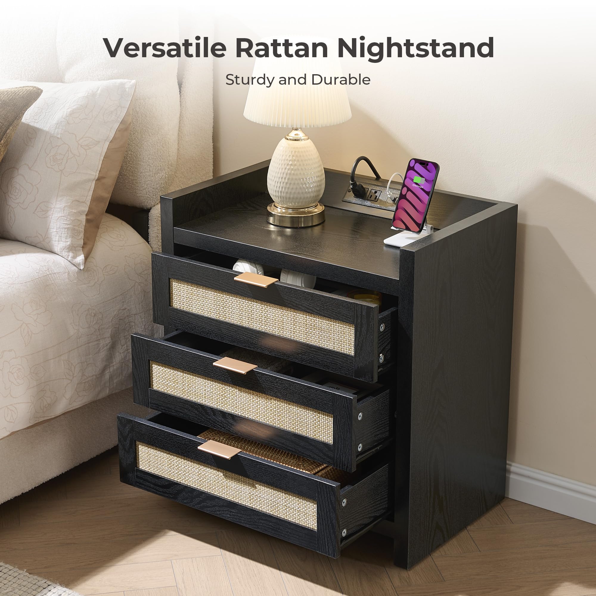 SICOTAS Larger Rattan Night Stand - 15.4"D x 24.8"W x 26.5"H Nightstands with Type-C Charging Station, 3 Rattan Mesh Drawers, Usb port Boho Bedside Table End Table with Storage for Bedroom Sofa Couch Office, Robust and Stylish, Durable