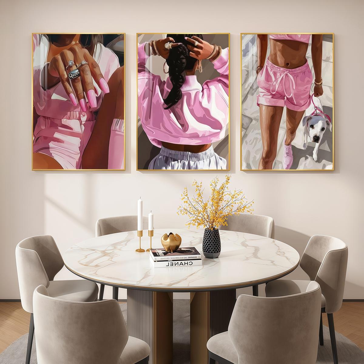 3 Counts Aluminum Alloy Framed Painting, Pink Fashion Woman With Dog And Jewelry Pictures, Home Decoration For Living Room, Bedroom, Office, Restaurant, Hallway Wall Decor, Odorless Print Artwork, Luxury Perfect Gift For Friends And Family