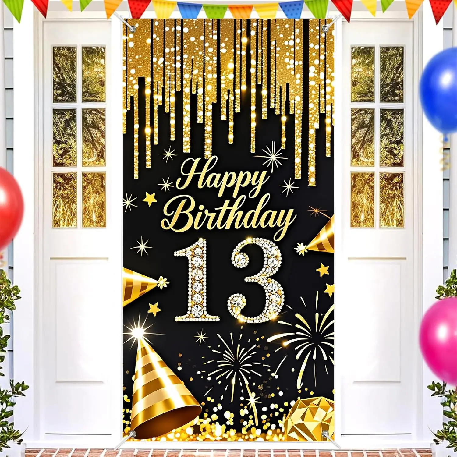 13th Birthday Door Cover, Black Gold Diamond Backdrop Decoration for Party & Home Decor banner