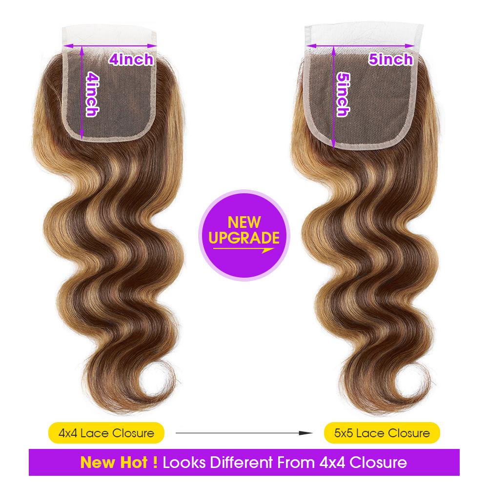 5x5 Lace Closure With Highlight Bundles Honey Blonde Body Wave Bundles With Closure Brown Colored Bundles With Closure