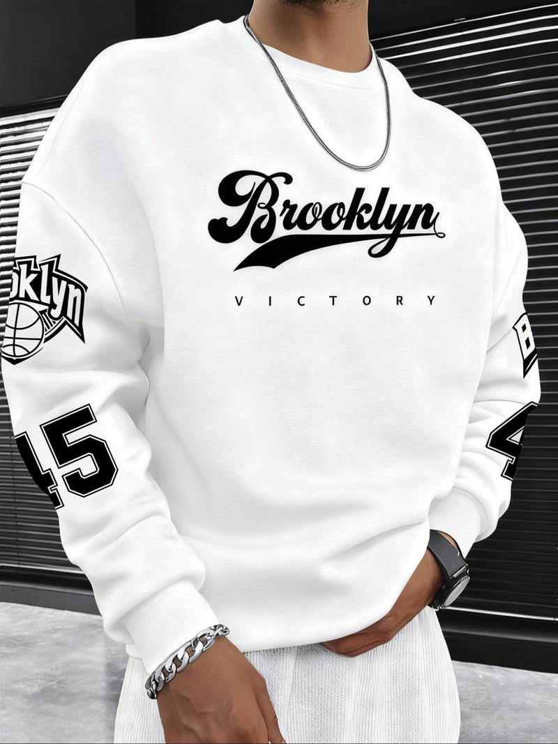 Men's Hot Selling Letter Number Print Fleece Pullover Sweatshirt, Casual Fall & Winter Round Neck Top, Thick Fabric, Fitted Style