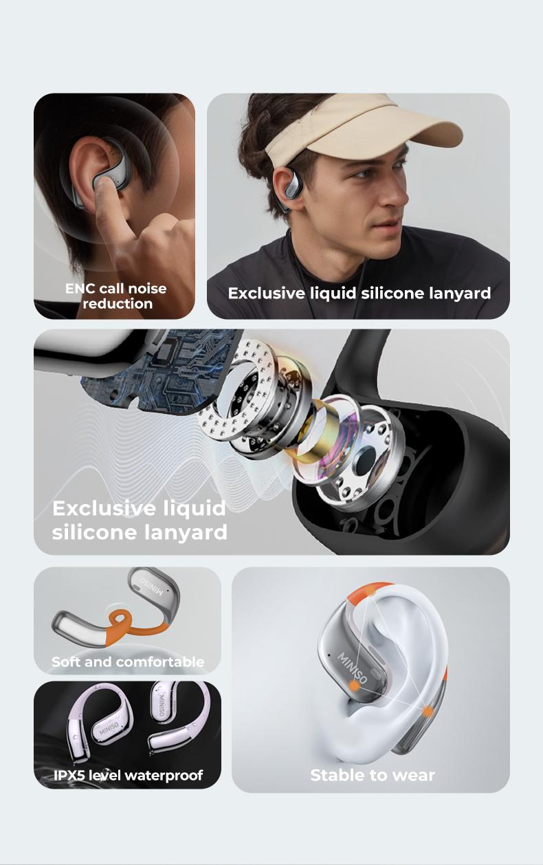 MINISO MS152 True Wireless Open Ear Headphones Bluetooth 5.4 HIFI Stereo Earbuds Noise Canceling Sports Earphones IPX5 Waterproof With microphone