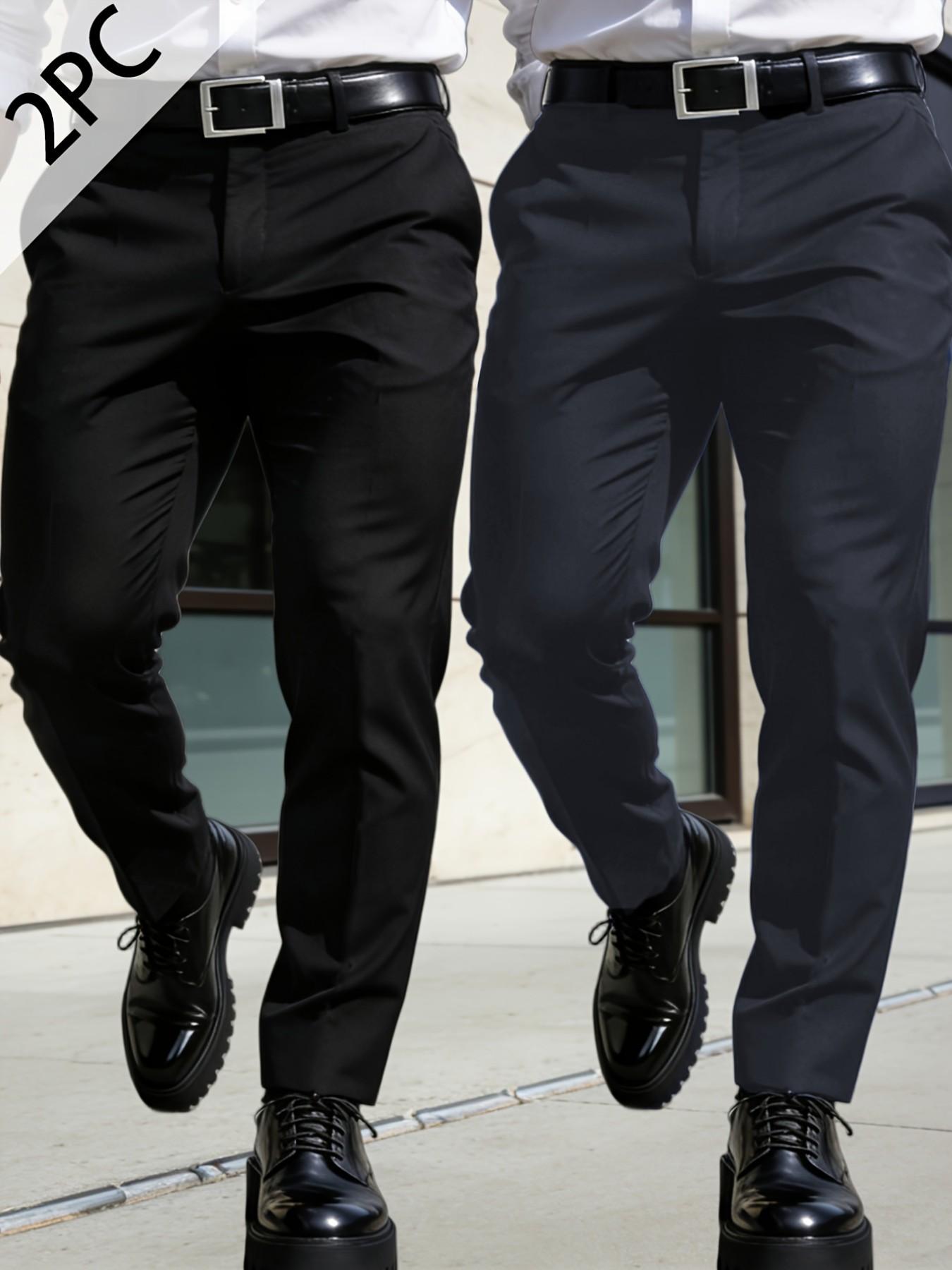 2-pieces Men's New Loose Straight Leg Elastic Solid Color Formal Pants, Casual Pockets, Anti-Wrinkle Comfortable Business Casual Trousers for Work and Weekend, Casual Fashion Pocket, Versatile, Modern