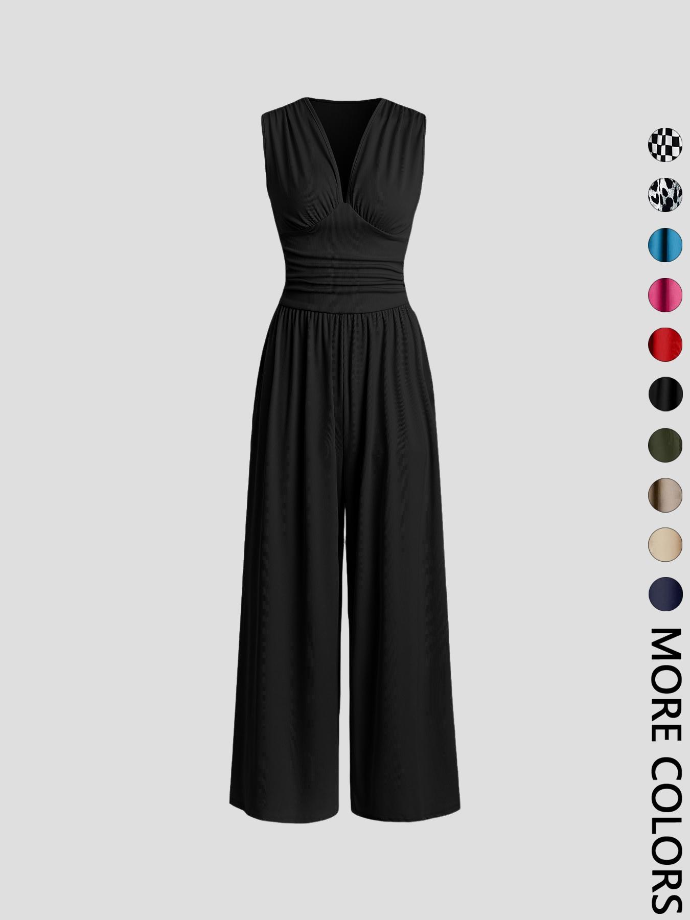 Women's Plain Ruched Deep V Neck Jumpsuit, Elegant Sleeveless Wide Leg Jumpsuit for Summer, Ladies Clothes for Beach Holiday Vacation Style