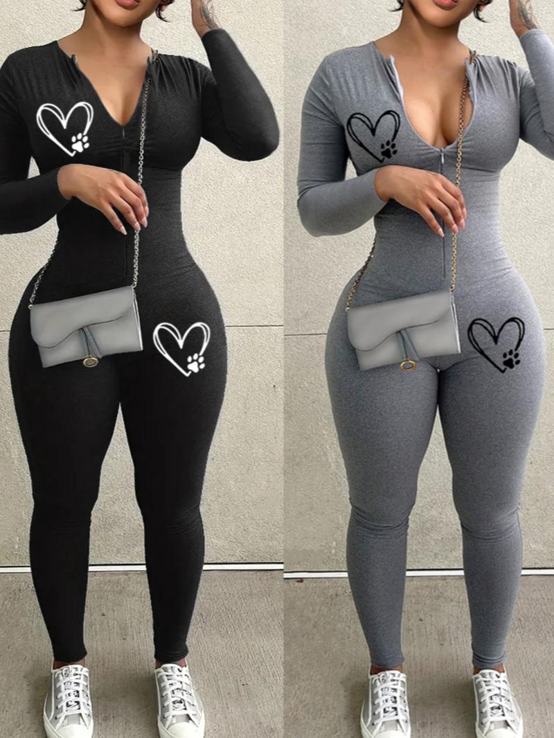 Women's Solid Color Zip Up Jumpsuit, Casual Comfy Long Sleeve Jumpsuit for Daily Wear, Ladies Spring & Fall Clothes