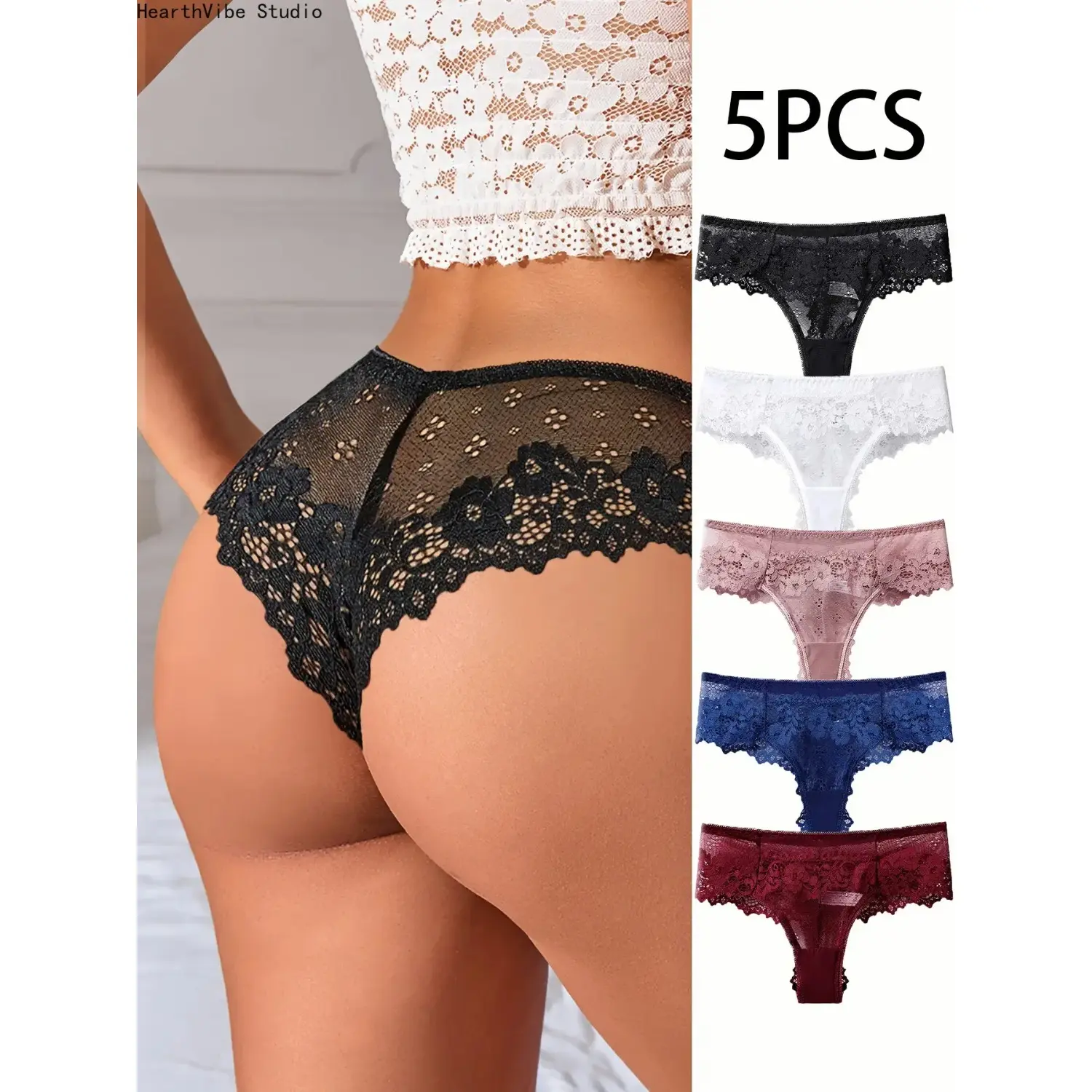 Women's 5-Piece Minimalist Basic Lace G-Strings Set - Low Rise Cut, Seamless Edges, Short Length, Breathable See-Through Bikini Underwear Intimates, Comfortable Everyday Wear, Anniversary Gift