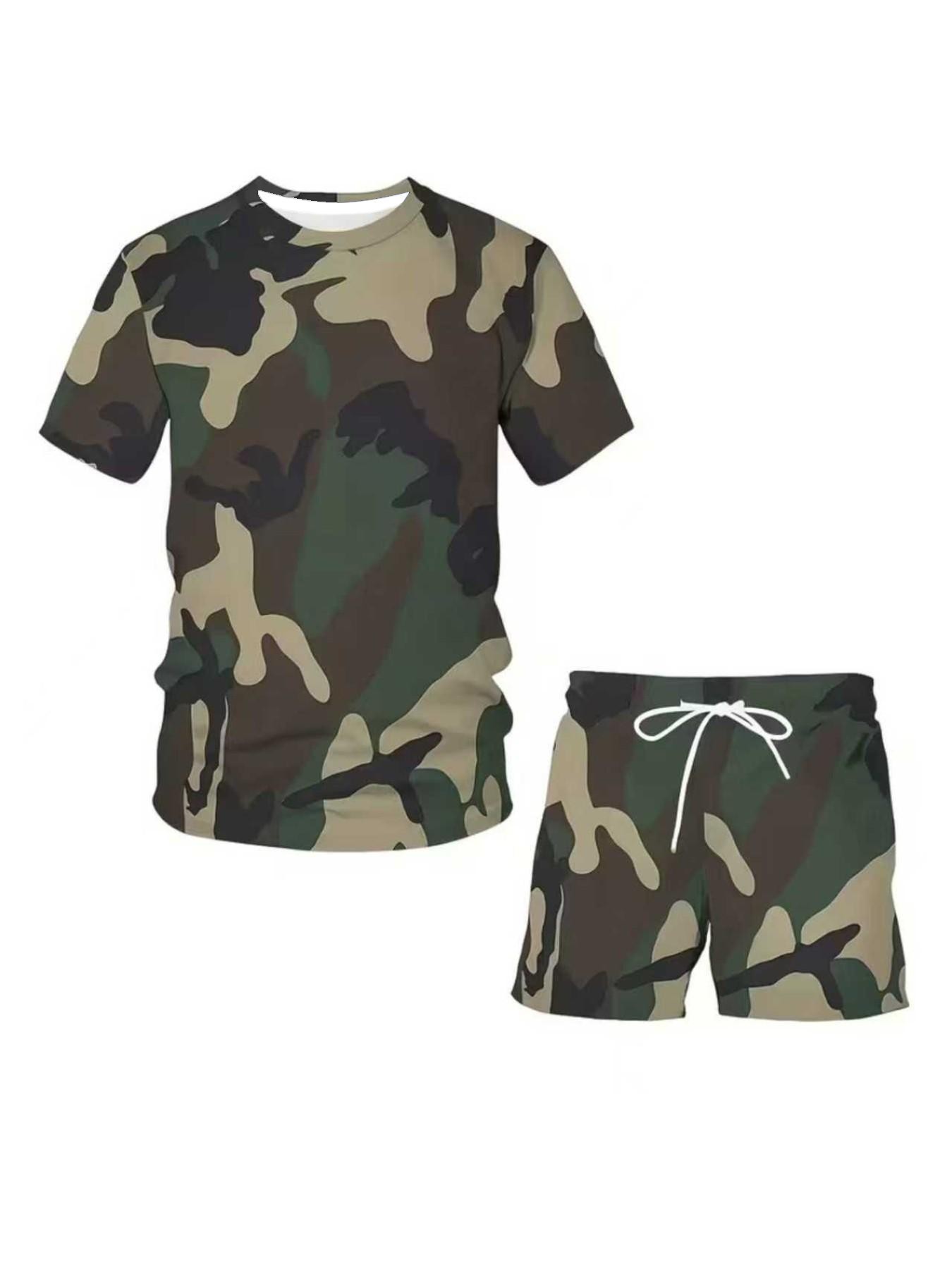 Men's Casual Summer Camo Short Sleeve Round Neck T-Shirt Shorts Set, Outfit, Camouflage, Comfortable Streetwear, Loose-Fitting, Modern Style, All Seasons, Menswear