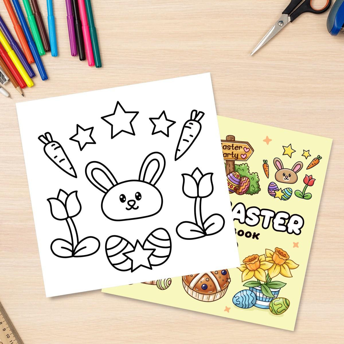 Happy Easter Coloring Book Theme, Cute Coloring Book, 24 Bold Stress-Relief Designs, 7.9in X 7.9in Perfect Size, Thick Paper, Gift for Adults Kids Teens