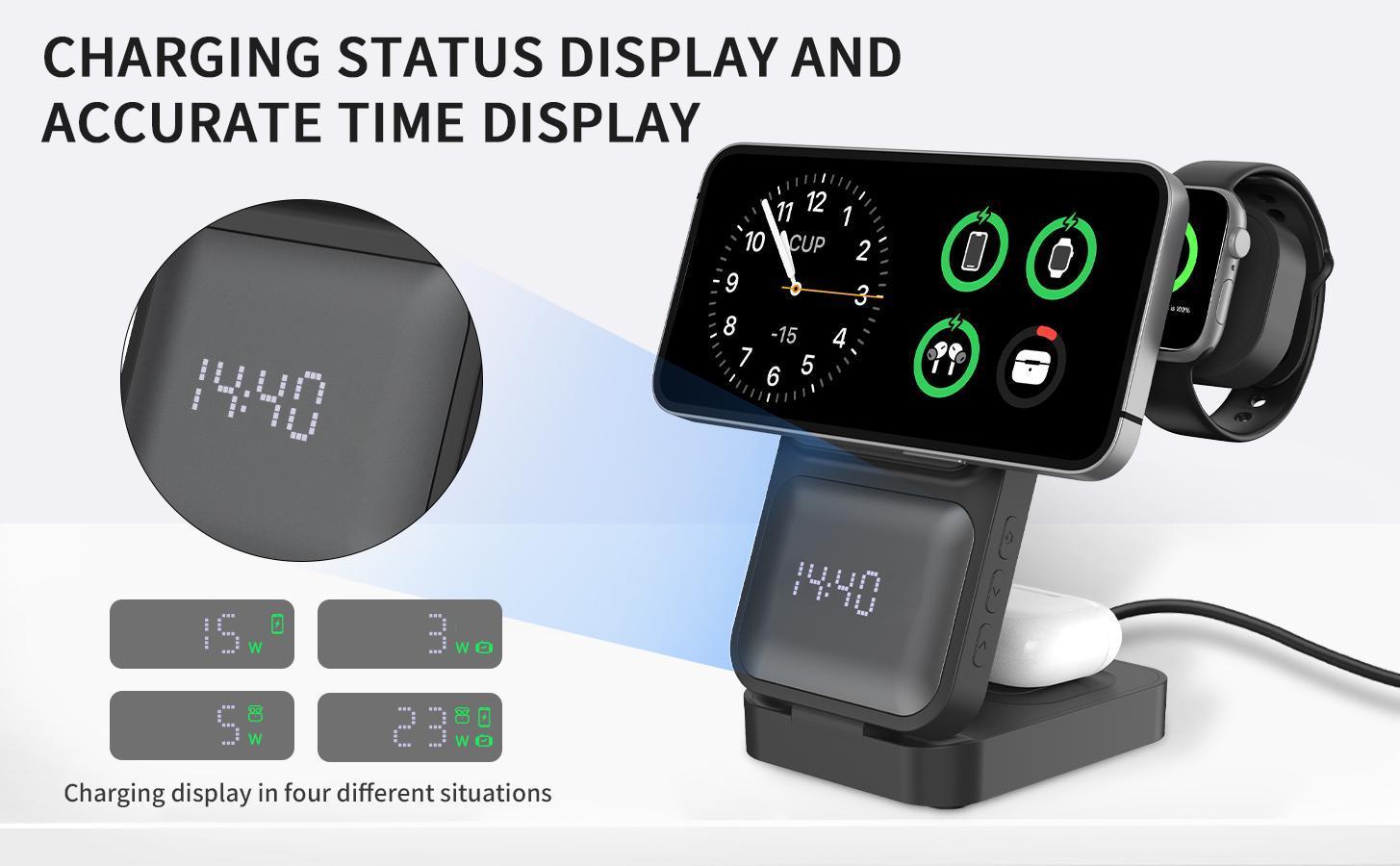 S1-A Folding 3-in-1 Magnetic Wireless Charging Station with Digital Clock - Fast Qi Charger for Qi-Enabled Cellphones, Wearables & Earbuds, Desk & Travel Portable Electronic Accessories Dock Stand