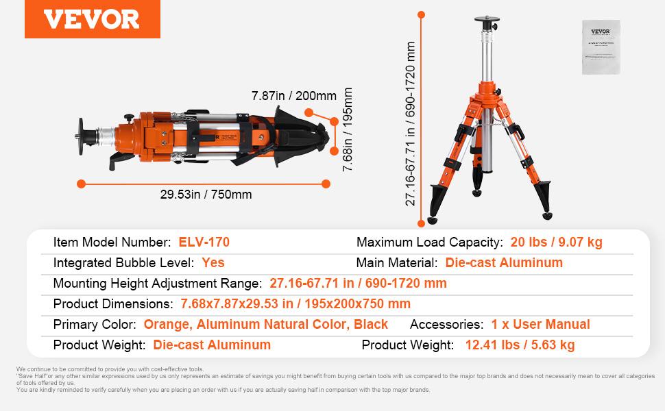VEVOR Laser Level Tripod Stand, 5/8-11 Thread Mount, 27.16-67.71 inch Height Adjustment Heavy Duty Survey Tripod, with Level Bubble Diffusion Limiter, Liftable Non-Skid Feet for Construction
