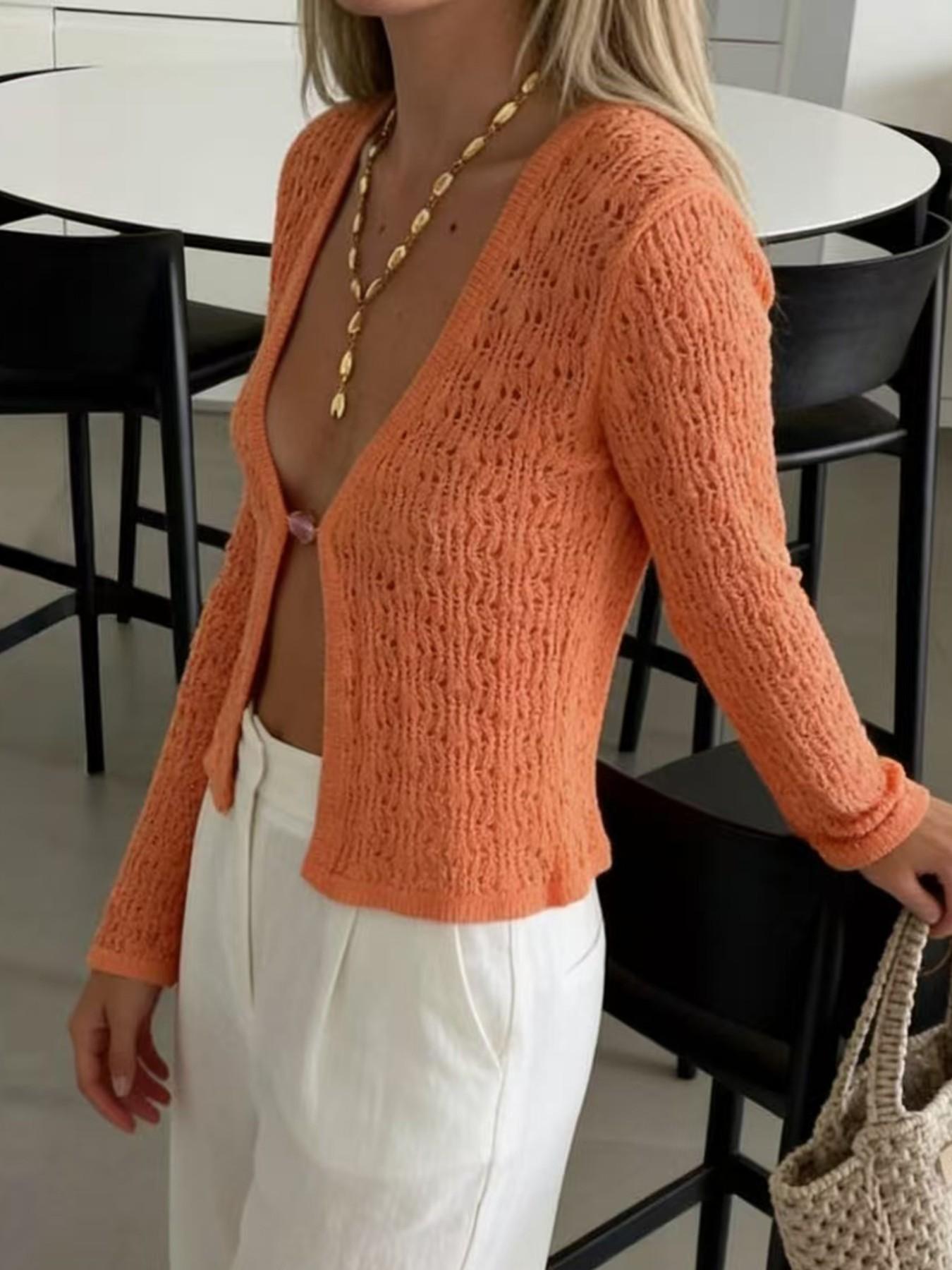 Transparent V Neck Knit Pullover, Long Sleeve Fitted Top, Casual Cut Out Design, Lightweight Breathable Outerwear for Beach Holidays