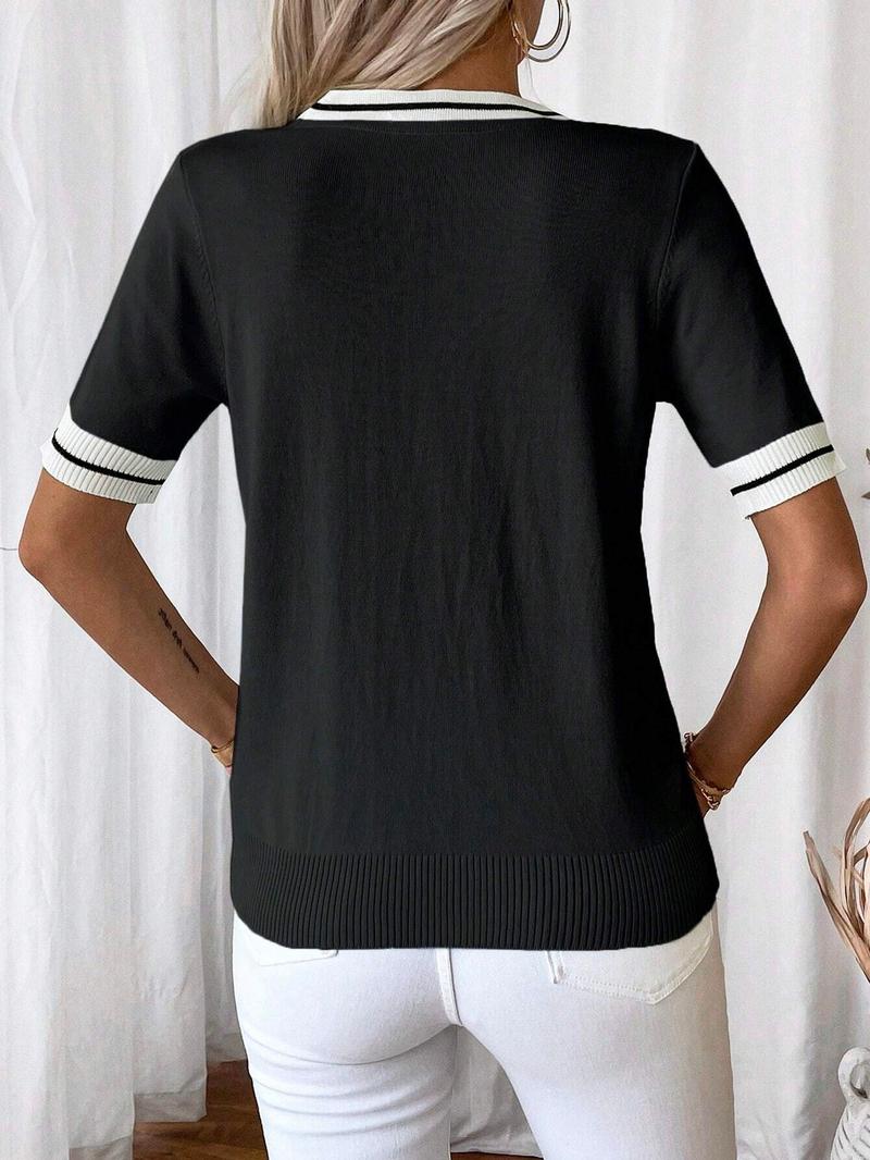 Women's Colorblock Striped Shortsleeve Vneck Knit Top, Casual Elegant Classy Fashion Chic Fitted Short Sleeve Top for Summer, Ladies Clothes for Daily Wear, Womenswear, Knitwear, Breathable Top, Casual Breathable Elegance