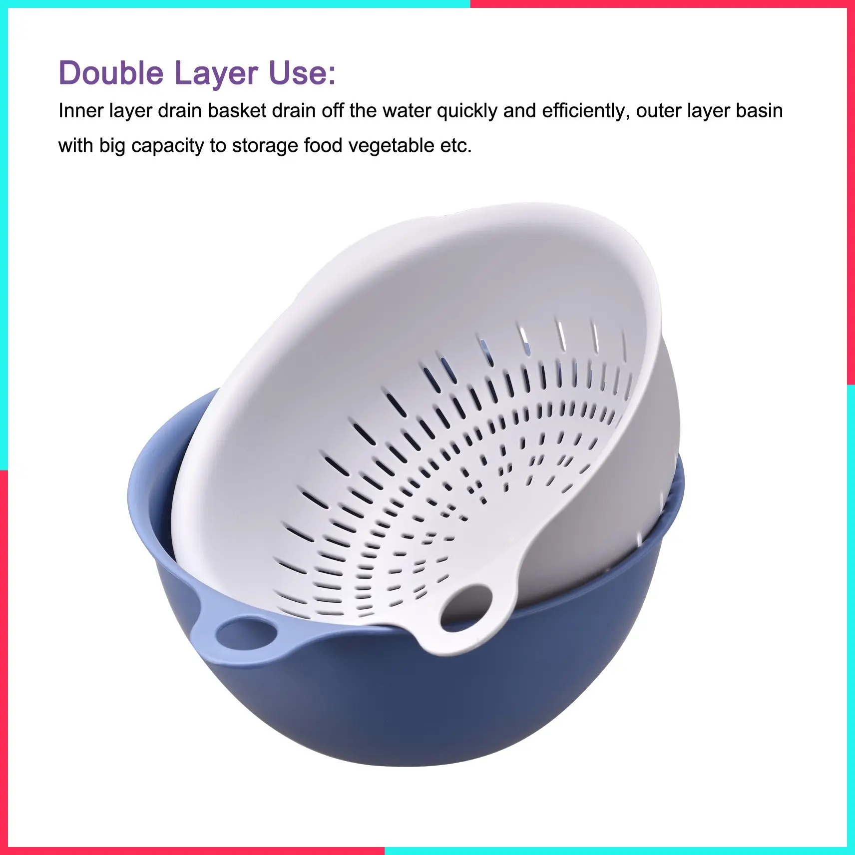 1pc Plastic Colander Bowl, Double-Layer Drain Basket, Reusable Kitchen Strainer for Rinsing Fruits and Vegetables, Multipurpose Kitchen Tool