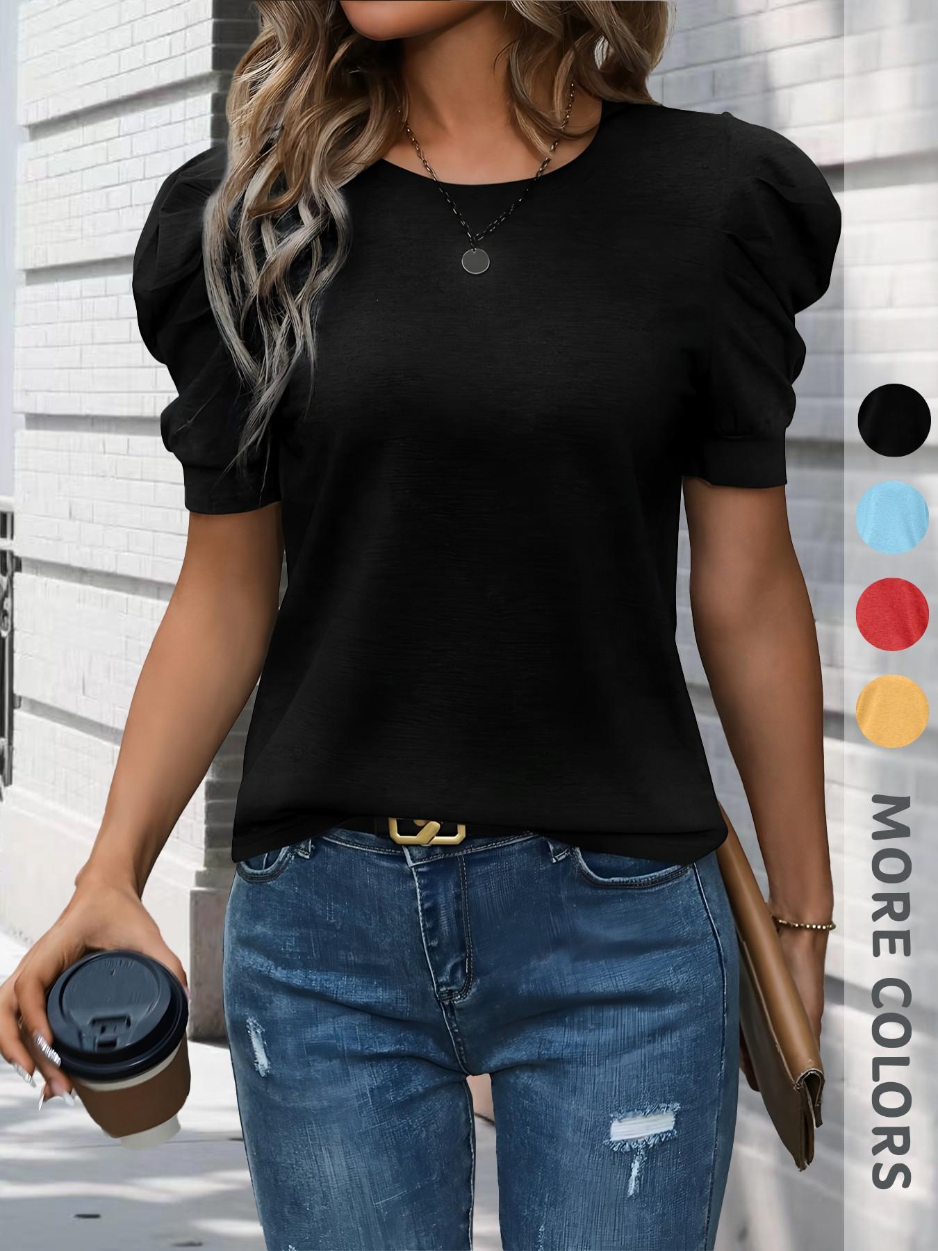 New Summer Women's Round Neck Puff Sleeve T-Shirt, Fitted Slimming Top, Elegant Versatile Casual High-End Style, Unique Design
