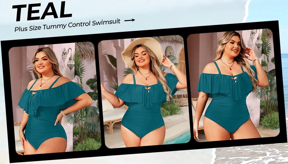 Daci Women Plus Size One Piece Swimsuits Tummy Control Ruffle Off Shoulder Bathing Suits