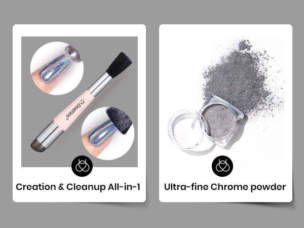 Beetles All-In-One Chrome Nail Powder Kit, Silver Holographic Chrome Nail Powder with 7.5ML Black Color Gel Nail Polish, Base & Top Coat, Peel-Off Latex Tape & Silicone Nail Brush, Chrome Nail Set for DIY Nail Art, Perfect Gift for Women