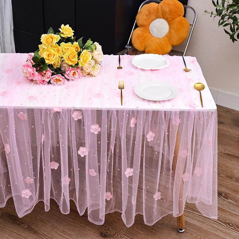 New 3D Pearl Flower Sheer Table Runner, Tulle Mesh Table Flag for Party Decor, Ideal for Seasonal Dining, Weddings, Birthdays & Bridal Showers, Perfect for Home Party Decoration