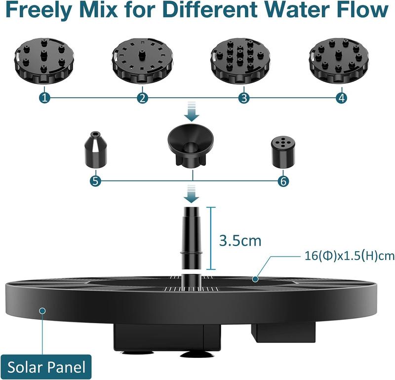 AISITIN Solar Bird Bath Fountain with 6 Nozzles, Solar Fountain Pump for Bird Bath with Brackets, Solar Powered Floating Water Fountain Pump for Bird Bath, Ponds, Garden, Fish Tank and Outdoor (1.5W)