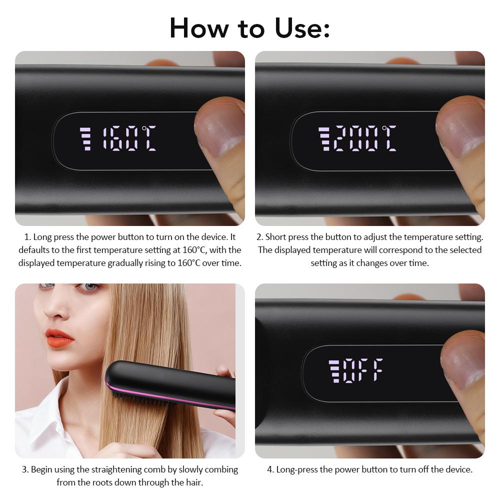 Cordless Straightening Comb, 3-Temperature Settings, Hair Straightener Brush, Suitable for Women and Girls, Styling Tool, Hair Styling Tools