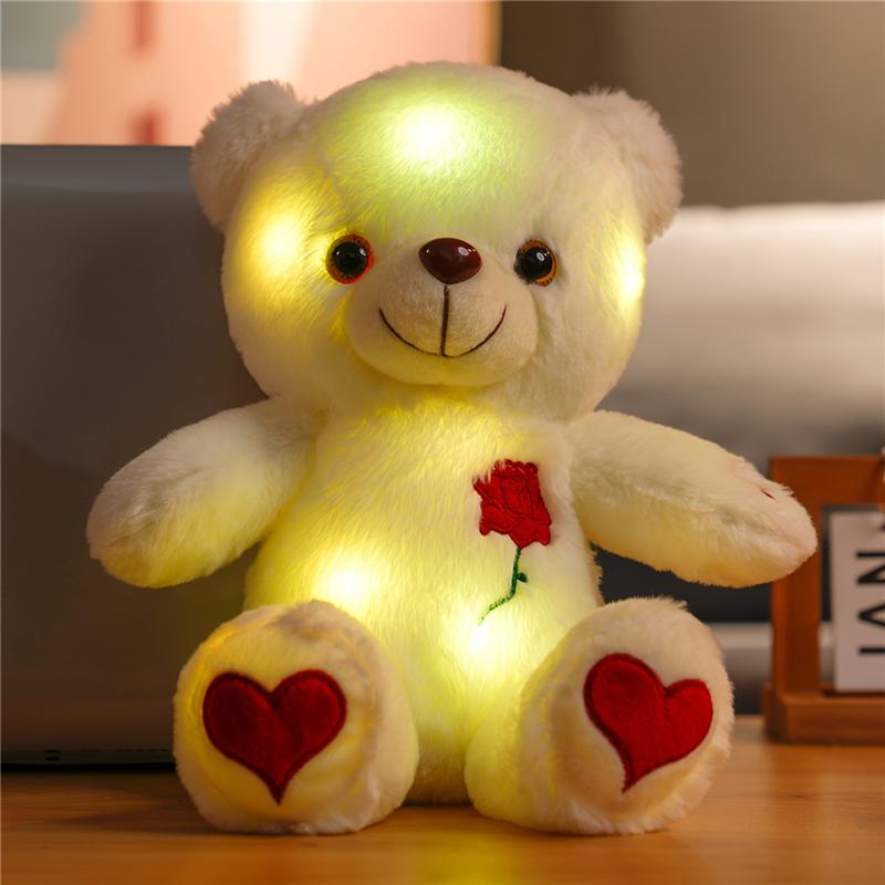 Glow-in-the-Dark Light-Up LED Teddy Bear Plush Toy with Heart and Rose Lights, Soft and Cuddly Plush Animal with Expressive Eyes, Warm White and Colorful Lights, Valentine's Day, Birthday and Anniversary Gift for Kids and Adults