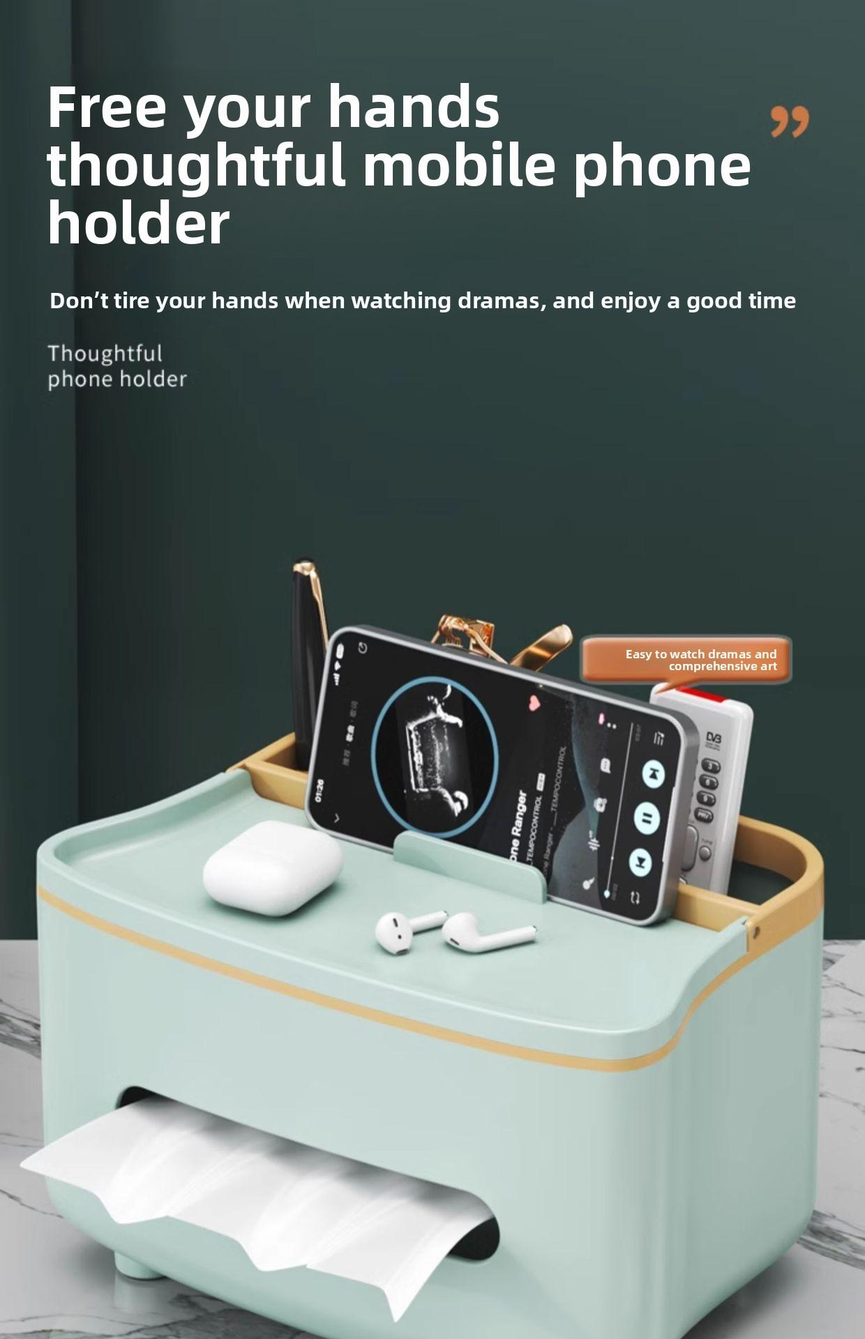 3-in-1 Remote Control Holder & Tissue Box, Tissue Dispenser with Storage Compartment, White/Mint Green - Plastic Coffee Table, Nightstand Centerpiece - Compatible with TV/Phone/DVD - Space-Saving Design, Office Organization & Storage