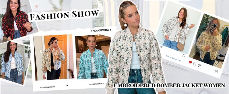 Molitree Women's Embroidered Daisy Cropped Bomber Jacket Long Sleeve Quilted Puffer Jackets Padded Coat Outerwear Casual Apricot