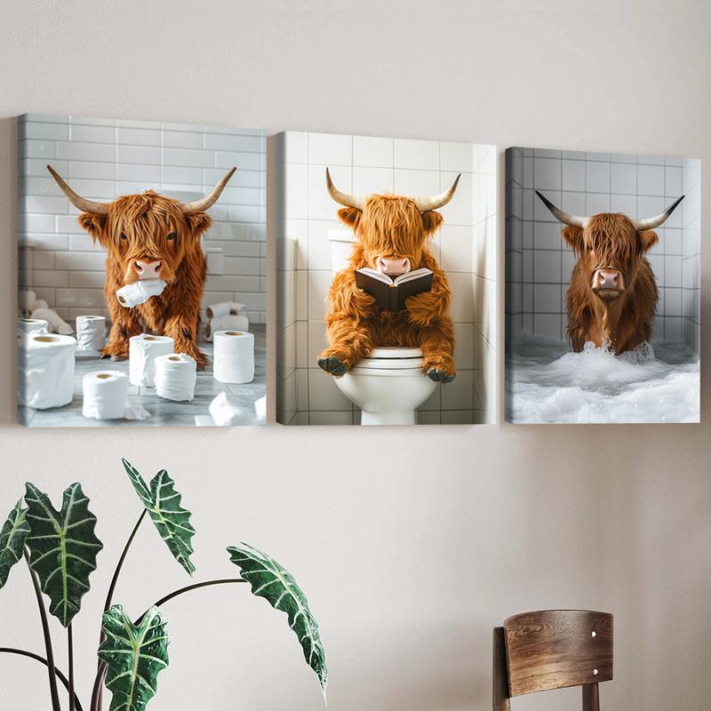 Highland Cow Pattern Canvas Framed Painting, 3 Counts Modern Wall Art Painting, Wall Art Decor for Home Interior Living Room Bedroom Office, Ornaments, Indoor Decoration #TOP PICKS