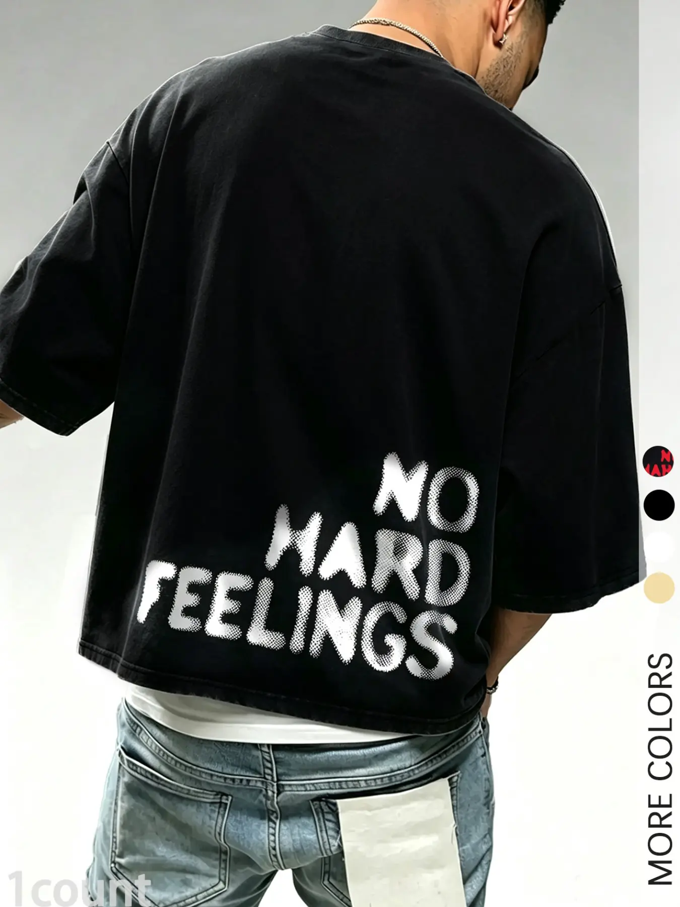 Men's Solid Black Cropped Boxy Short Sleeve T-Shirt, Streetwear Tee With NO HARD FEELINGS Letter Print, Loose Fit Top For Skate Daily Hip Hop Outfits