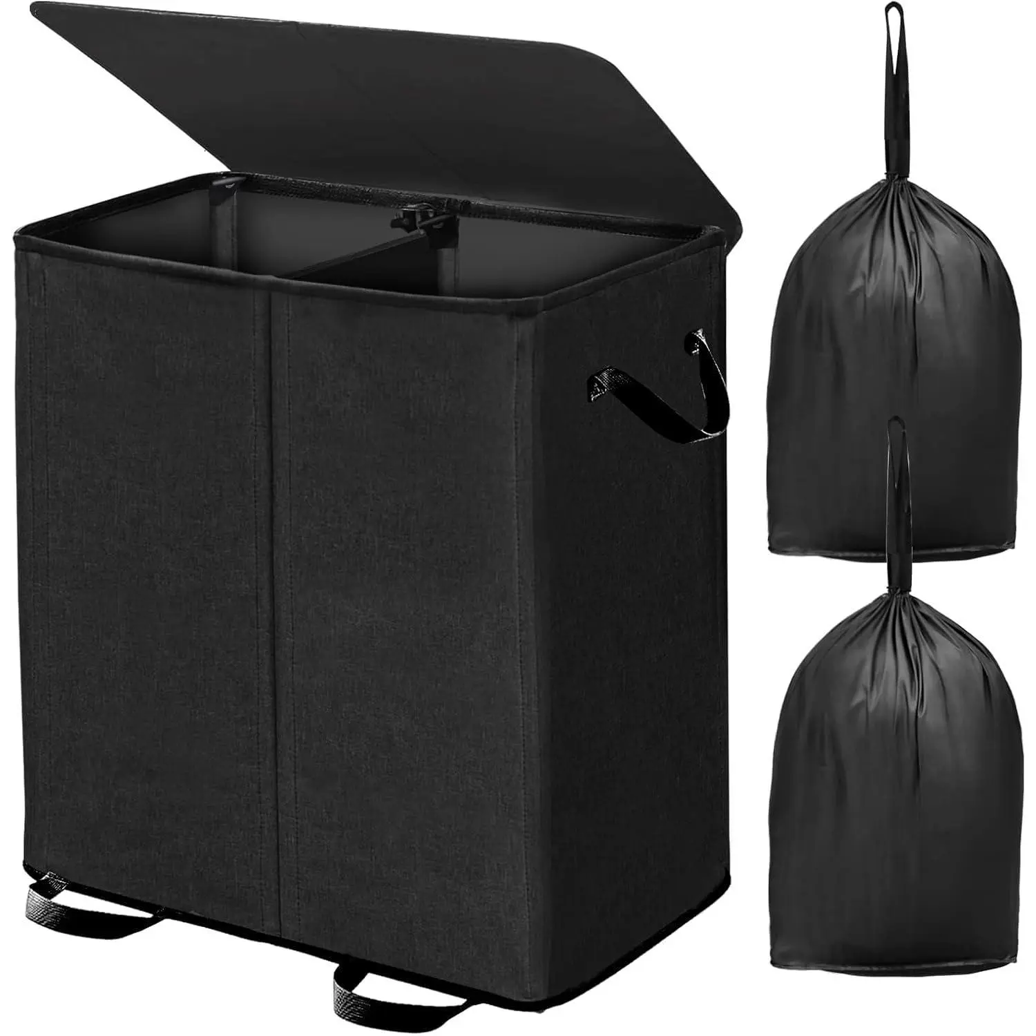 Double Laundry Hamper with Lid and Removable Bags, Laundry Basket 2 Section, Double Hampers for Laundry, Large Divided Hamper, Dual Laundry Hamper 2 Section with Handles Dorm 140L Black