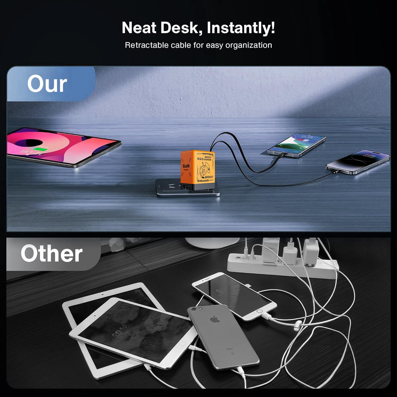 W&O 2 in 1 GaN Charger 80W MAX Fast Charger Folding Charging ortable Yellow Charging Block 2-Port Fast Compact GaN Charger