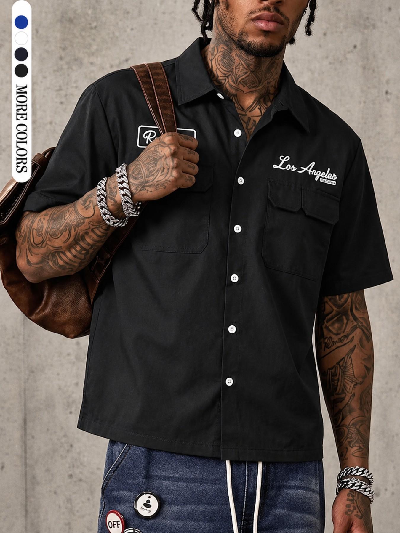 High Street Button Up Shirt, Button Down Front Boxy Short Sleeve Utility Pocket Shirt for Y2K Streetwear, City Walk, Travel, Weekend and Casual Daily Outfits
