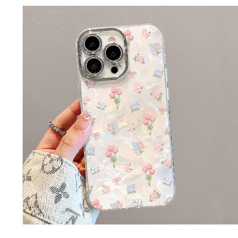 Cute Floral Phone Case with Wrist Strap for iPhone 17 /Pro Max, Acrylic Aesthetic Shockproof Cover with Bling Camera Lens Protector, Clear Glitter Flower Case for Women Girls