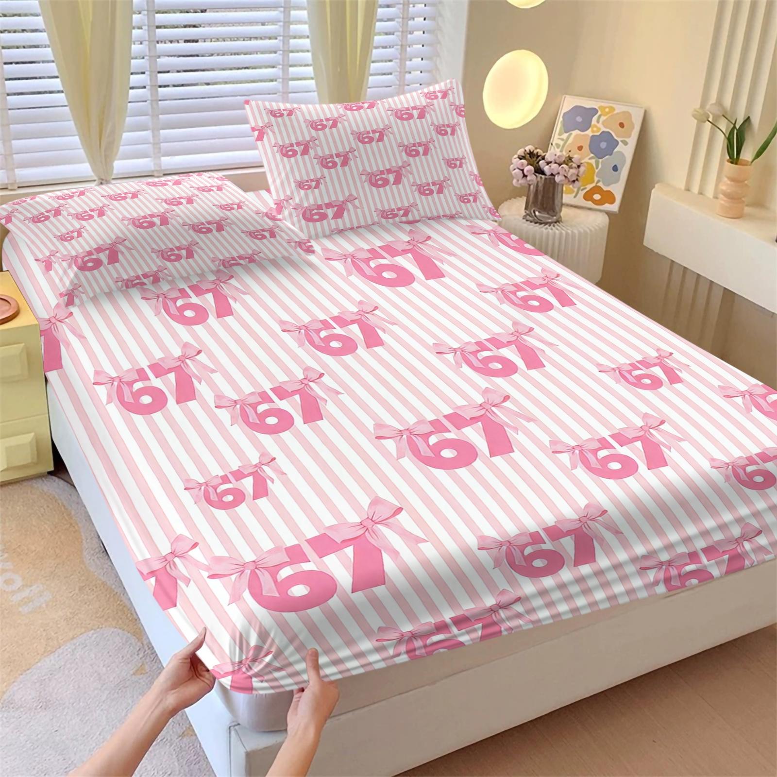 Girly-Style 67 Number Meme Limited Fitted Sheet Set (2 Pillowcases Included) | Soft & Comfortable, Creative Trendy Gift, Home Personality Highlight Bedsheet Sets