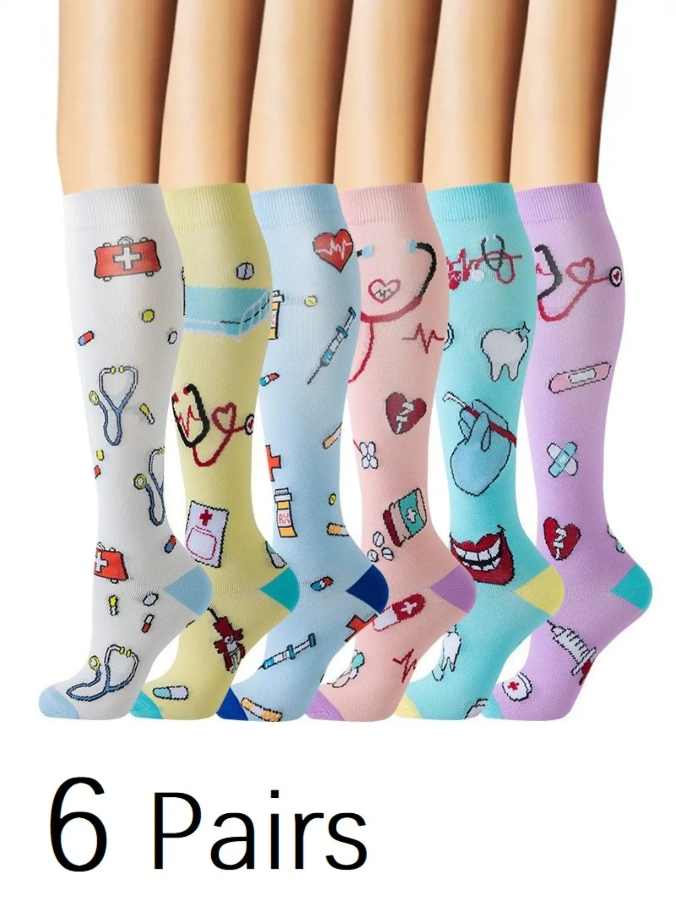 6 Pairs Unisex Compression Socks, Promote Circulation, Knee-High, Ideal for Running, Medical Care, Nursing, Long Trips