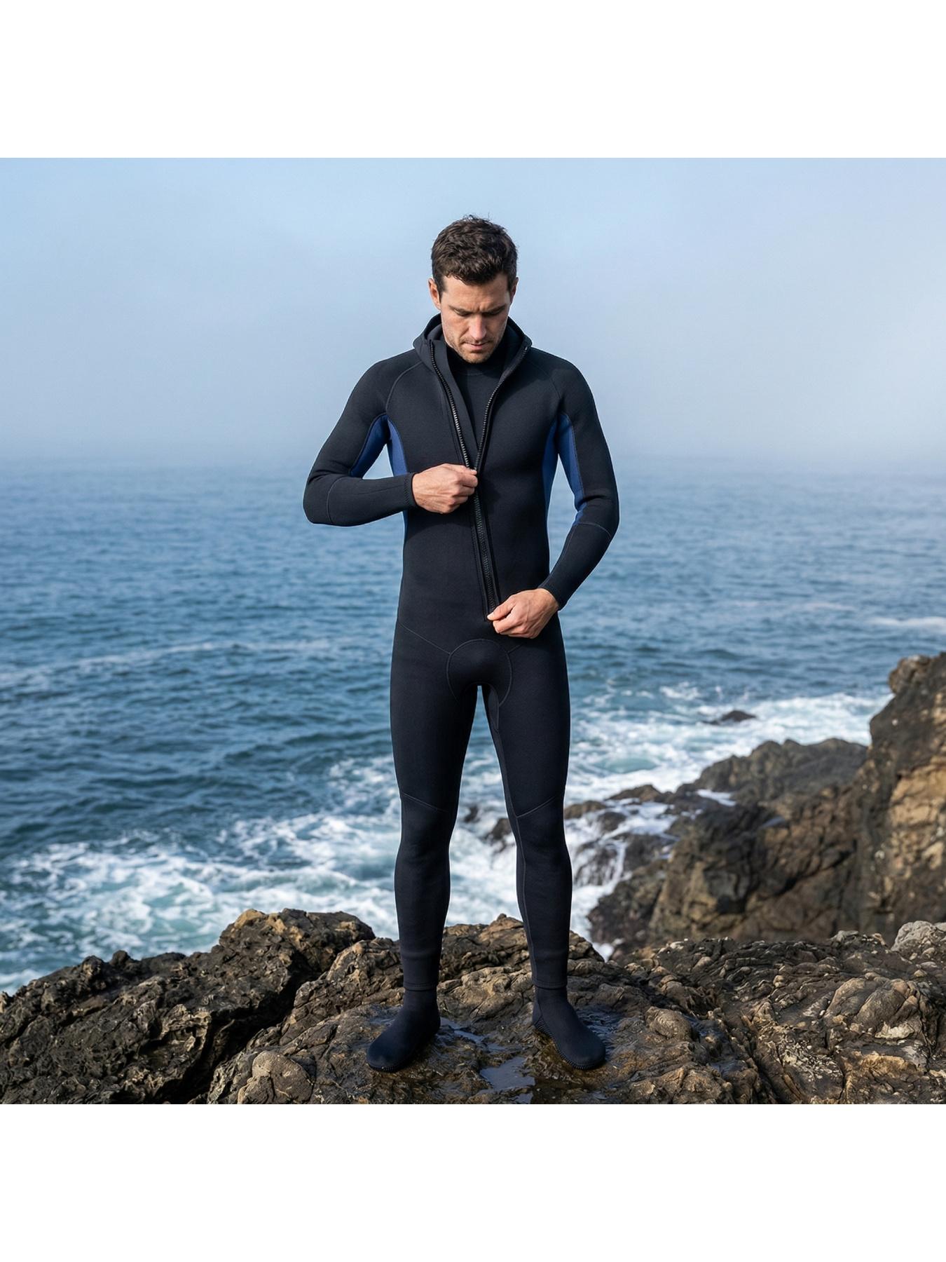 3mm Thickened Warm Wetsuit for Men, One-Piece Hooded Full Suit, Wear-Resistant Diving Suit for Surfing, Snorkeling, Freediving and Jellyfish Protection